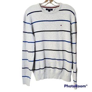 Tommy Hilfiger grey navy striped cotton knit crewneck sweater size medium